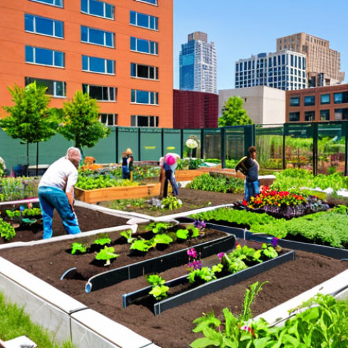 Home 4 **A vibrant community garden in an urban setting, with people of diverse ages and backgrounds working together to plant vegetables. Include raised garden beds, colorful flowers, and a backdrop of city buildings. The overall tone should be joyful and collaborative.**