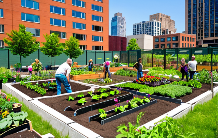 **A vibrant community garden in an urban setting, with people of diverse ages and backgrounds working together to plant vegetables. Include raised garden beds, colorful flowers, and a backdrop of city buildings. The overall tone should be joyful and collaborative.**