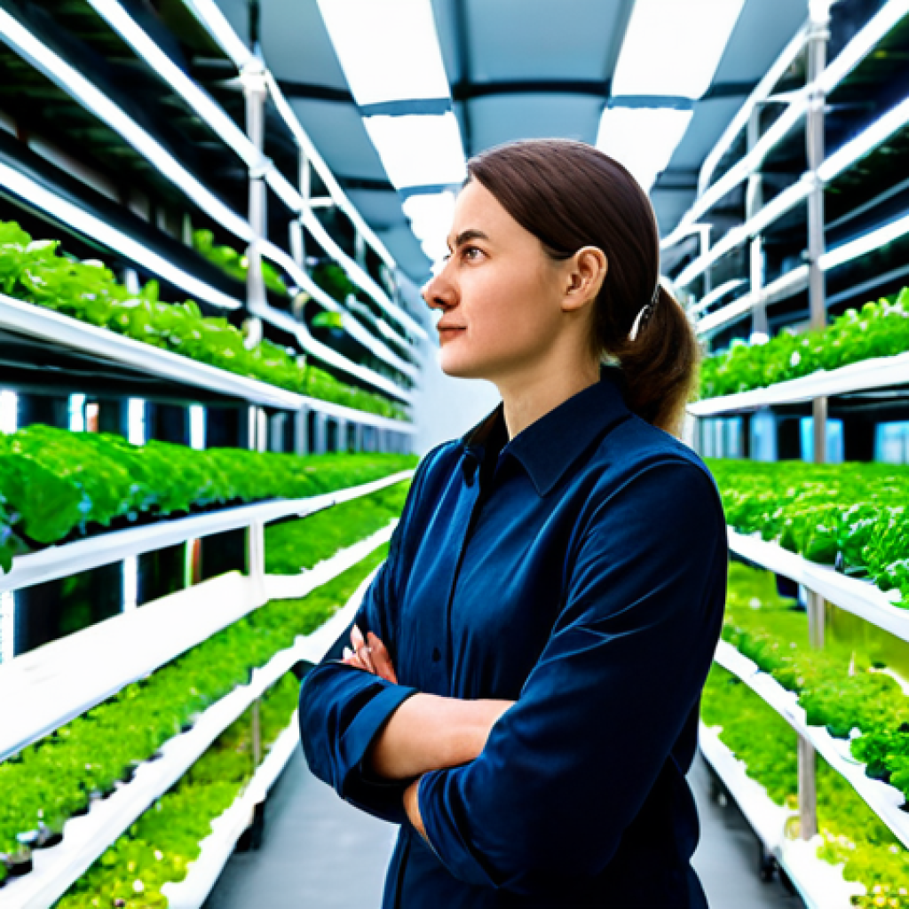 A professional urban agriculture manager, fully clothed, in practical yet modest work attire, standing inside a state-of-the-art vertical farm. The modern urban warehouse setting features rows of stacked hydroponic systems glowing with soft LED grow lights, cultivating vibrant leafy greens. The manager is observing the plants with a thoughtful, engaged expression. Professional photography, high detail, realistic, perfect anatomy, correct proportions, natural pose, well-formed hands, proper finger count, natural body proportions, safe for work, appropriate content, fully clothed, professional, modest.