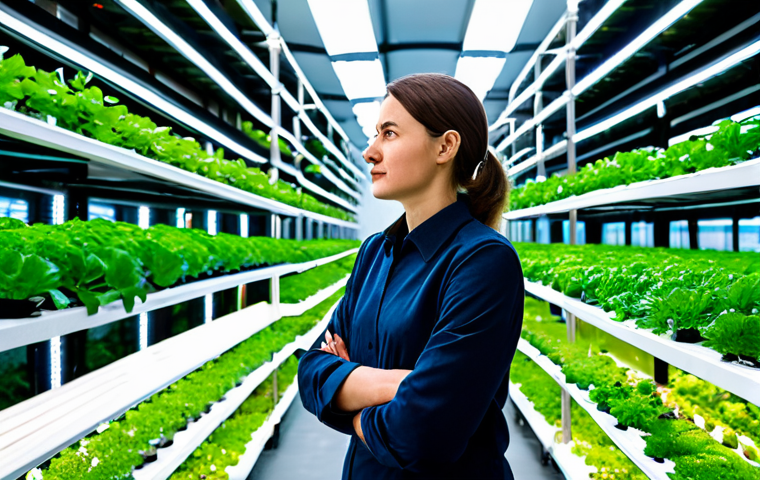 A professional urban agriculture manager, fully clothed, in practical yet modest work attire, standing inside a state-of-the-art vertical farm. The modern urban warehouse setting features rows of stacked hydroponic systems glowing with soft LED grow lights, cultivating vibrant leafy greens. The manager is observing the plants with a thoughtful, engaged expression. Professional photography, high detail, realistic, perfect anatomy, correct proportions, natural pose, well-formed hands, proper finger count, natural body proportions, safe for work, appropriate content, fully clothed, professional, modest.