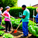 **

"A diverse group of community members, fully clothed in appropriate gardening attire, working together in a vibrant urban community garden, safe for work, appropriate content, well-formed hands, natural pose, bright daylight, various vegetables growing, tools visible, family-friendly, professional photography, perfect anatomy, correct proportions, high quality, modest clothing."

**