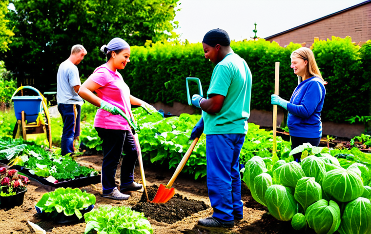 **

"A diverse group of community members, fully clothed in appropriate gardening attire, working together in a vibrant urban community garden, safe for work, appropriate content, well-formed hands, natural pose, bright daylight, various vegetables growing, tools visible, family-friendly, professional photography, perfect anatomy, correct proportions, high quality, modest clothing."

**