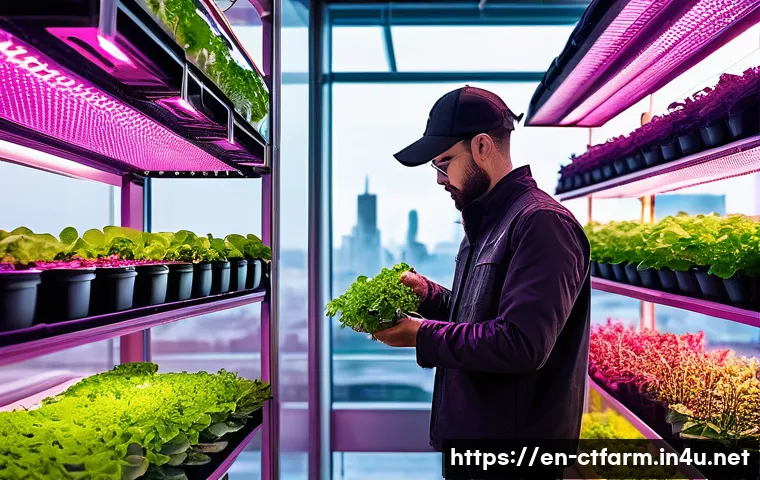 도시농업관리사 최신 트렌드 분석 - **Prompt:** A vibrant, futuristic indoor vertical farm in a bustling urban environment. The image sh...