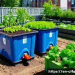 도시농업관리사 필수 과목 정리 - A vibrant urban community garden scene in a sunny city neighborhood, featuring raised garden beds fi...