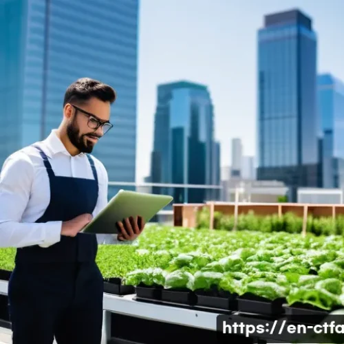 도시농업관리사와 도시농업전문가 비교 - A vibrant urban rooftop farm scene during a sunny day, featuring an urban agriculture manager in bus...