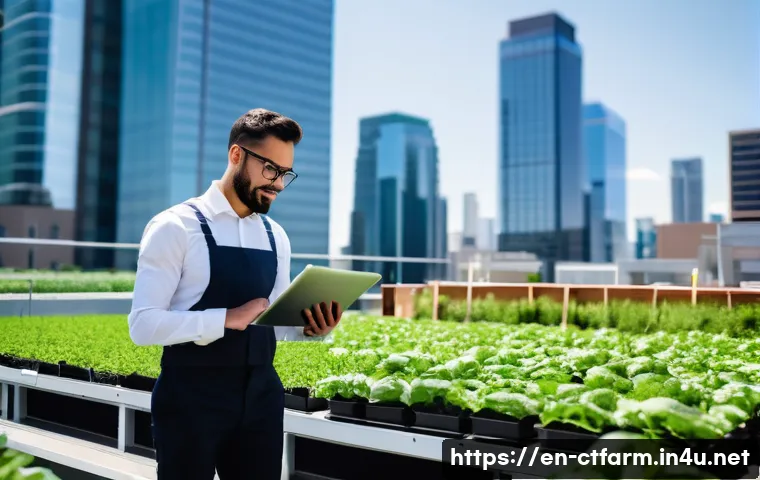 도시농업관리사와 도시농업전문가 비교 - A vibrant urban rooftop farm scene during a sunny day, featuring an urban agriculture manager in bus...