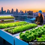 도시농업관리사와 귀농 준비 비교 - A vibrant urban rooftop farm scene at sunset, featuring vertical gardens with lush green vegetables ...