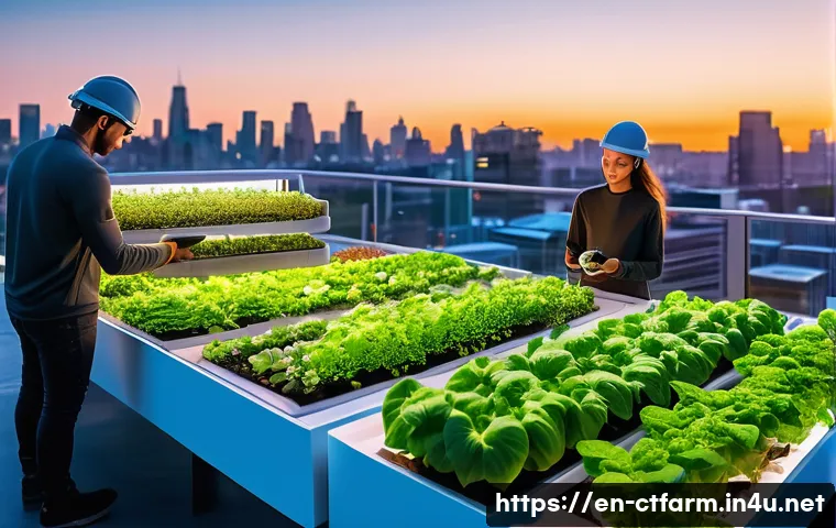 도시농업관리사와 귀농 준비 비교 - A vibrant urban rooftop farm scene at sunset, featuring vertical gardens with lush green vegetables ...