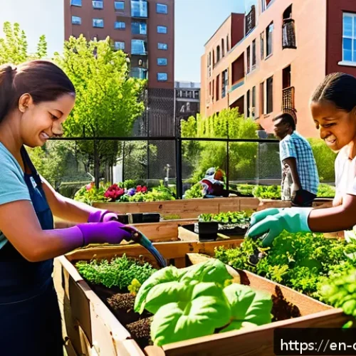 도시농업관리사로서의 사회적 역할 - A vibrant, inclusive urban community garden scene in a diverse city neighborhood during springtime, ...