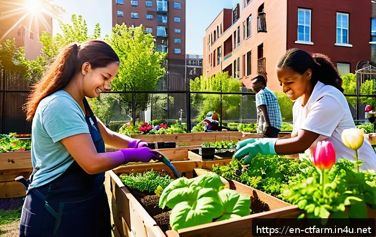 도시농업관리사로서의 사회적 역할 - A vibrant, inclusive urban community garden scene in a diverse city neighborhood during springtime, ...