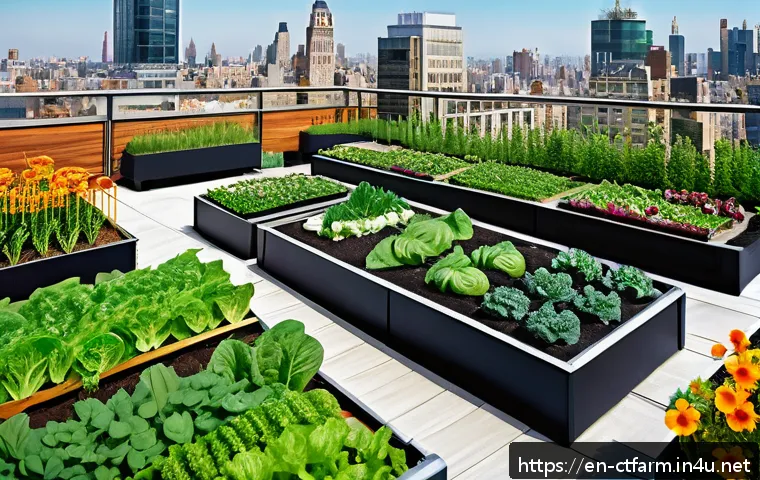도시농업관리사 창업 아이디어 - A vibrant rooftop garden atop a modern urban building, featuring modular lightweight planters filled...